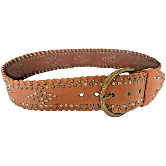 Women Size M Leather WIDE Belt Studded Rivet Leather Braided Boho Brass Buckle